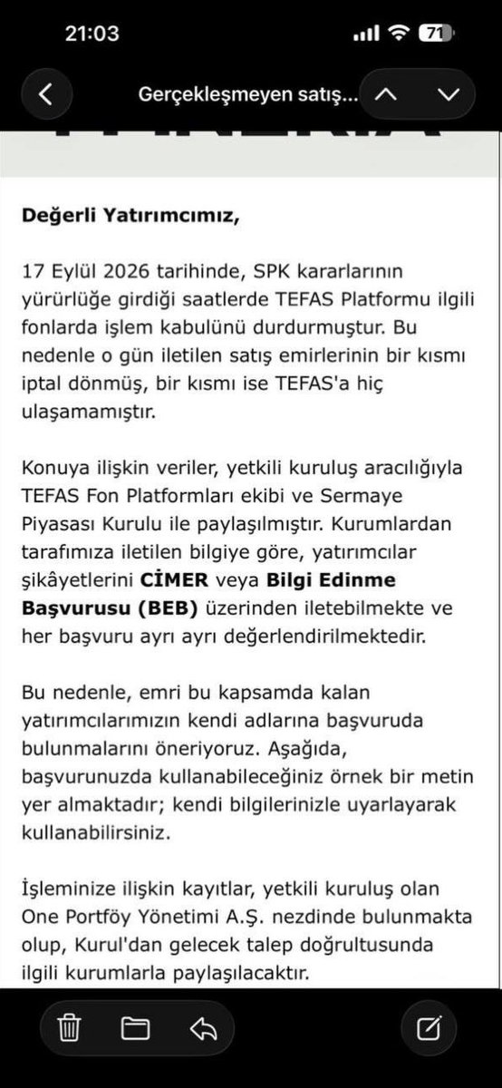 fonunmagdurlari's tweet photo. SON DAKİKA VE TARİHİ İTİRAF: ARACI KURUMLAR DA RESMEN AÇIKLADI! "17 EYLUL 13:30 ÖNCESİ SATIŞ EMİRLERİ HAKSIZCA ENGELLENDİ, CİMER'E ŞİKAYET EDİN!"

Günlerdir verdiğimiz haklı mücadelenin doğruluğu bizzat aracı kurumlar tarafından tescillendi. Foneria (One Portföy), mağdur yatırımcılarına gönderdiği resmi bilgilendirme e-postasında skandalı resmen itiraf etti:

📌 "17 Eylül günü TEFAS Platformu ilgili fonlarda işlem kabulünü durdurmuş, bu nedenle satış emirleri iptal dönmüş veya TEFAS'a ulaştırılamamıştır." 

📌 "SPK 2026/61 sayılı bülteninde 13:30 esas alınmasına rağmen, TEFAS'ın sistemi erken kapatması nedeniyle yasal emirler gerçekleştirilememiştir." 

📌 Aracı kurum, tüm yatırımcılarına CİMER ve Bilgi Edinme üzerinden acilen resmi şikayette bulunmaları için hazır dilekçe metni göndererek çağrıda bulundu!"

17'sinde verilen tüm emirler iptal oldu, soğuk su için" diyen troller nerede?!

Aracı kurumlar dahi TEFAS'ın hukuksuzluğunu ve yatırımcının 13:30 öncesi yasal hakkını itiraf edip CİMER'e yönlendiriyor!

Kurumlar suçu birbirine atarken hiçbir mağdur sessiz kalmayacak. Aracı kurumunuzun itiraf ettiği bu durumu ekleyerek CİMER, KDK ve TBMM başvurularınızı gecikmeden yapın: 

🔗 https://fonmagdurlari.netlify.appHakkımızı söke söke alacağız!

#FonMağdurları #TEFAS #Takasbank #SPK #Foneria #Midas #CİMER #KDK @spkgovtr @HMBakanligi