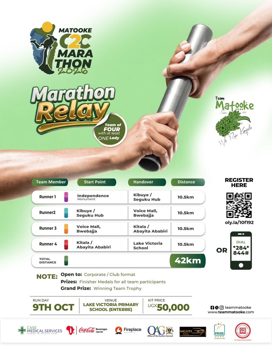 teammatooke's tweet photo. Does your squad have what it takes? Let’s face off this Independence Day !!!

If you've ever wanted to experience the electric energy of a full marathon without tackling all 42 kilometers alone, this is your moment. Rally your friends, work mates, rotary club members or running club mates to form the ultimate team of FOUR with at least ONE lady. 

The distance is split into 10.5km for you to share the sweat, and crush the course together.

It is all about strategy, camaraderie, and unmatched team spirit.

To register for your kit:
https://t.co/NE6d95XwJg
Or Dial: *284*844#

@CocaColaBevUg @casemedservices @FireplaceAgency @Mighty_ridesug @pridebankltd @ERBUganda @OAG_Uganda
