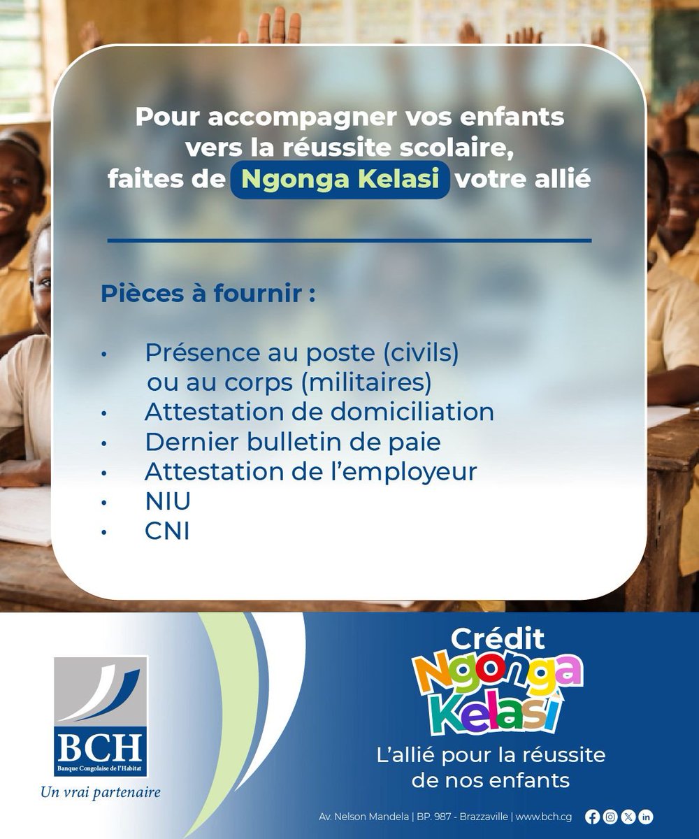 Banque_habitat1's tweet photo. Pour accompagner vos enfants dans leur parcours scolaire, NGONGA KELASI est là pour vous.

Découvrez ci-dessous les pièces à fournir pour bénéficier de l’offre, puis rendez-vous dans l’une des agences BCH pour y souscrire.

#bch #banque #habitat #immobilier #ngongakelasi https://t.co/NTAjFFxAqO