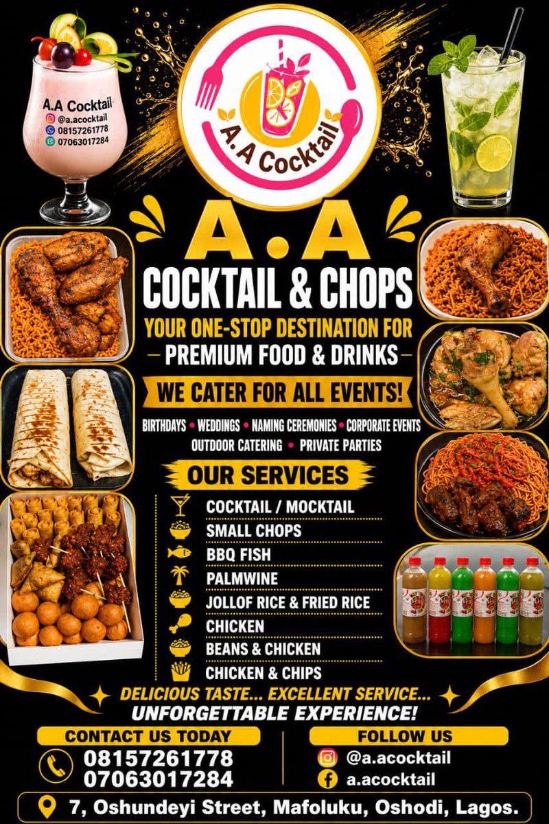 akintollgate's tweet photo. ⭐️ Business of the Day Spotlight ⭐️

Today, we shine the spotlight on A.A COCKTAIL &amp; CHOPS, a food and drinks brand bringing great taste, refreshing drinks and beautiful presentation to every occasion.

They offer cocktails, mocktails, small chops, BBQ, grills, rice dishes, https://t.co/vadq5ASj4W