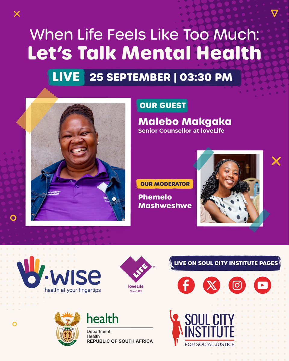 SoulCity_SA's tweet photo. We’re back!

This time, we’re talking MENTAL HEALTH.
Join us this Friday for an honest conversation and bring your questions.
Tune in. Ask questions. Let’s talk.

@BWiseHealth  @loveLifeNGO  #LetsTalk https://t.co/9aQ8mZRNDP