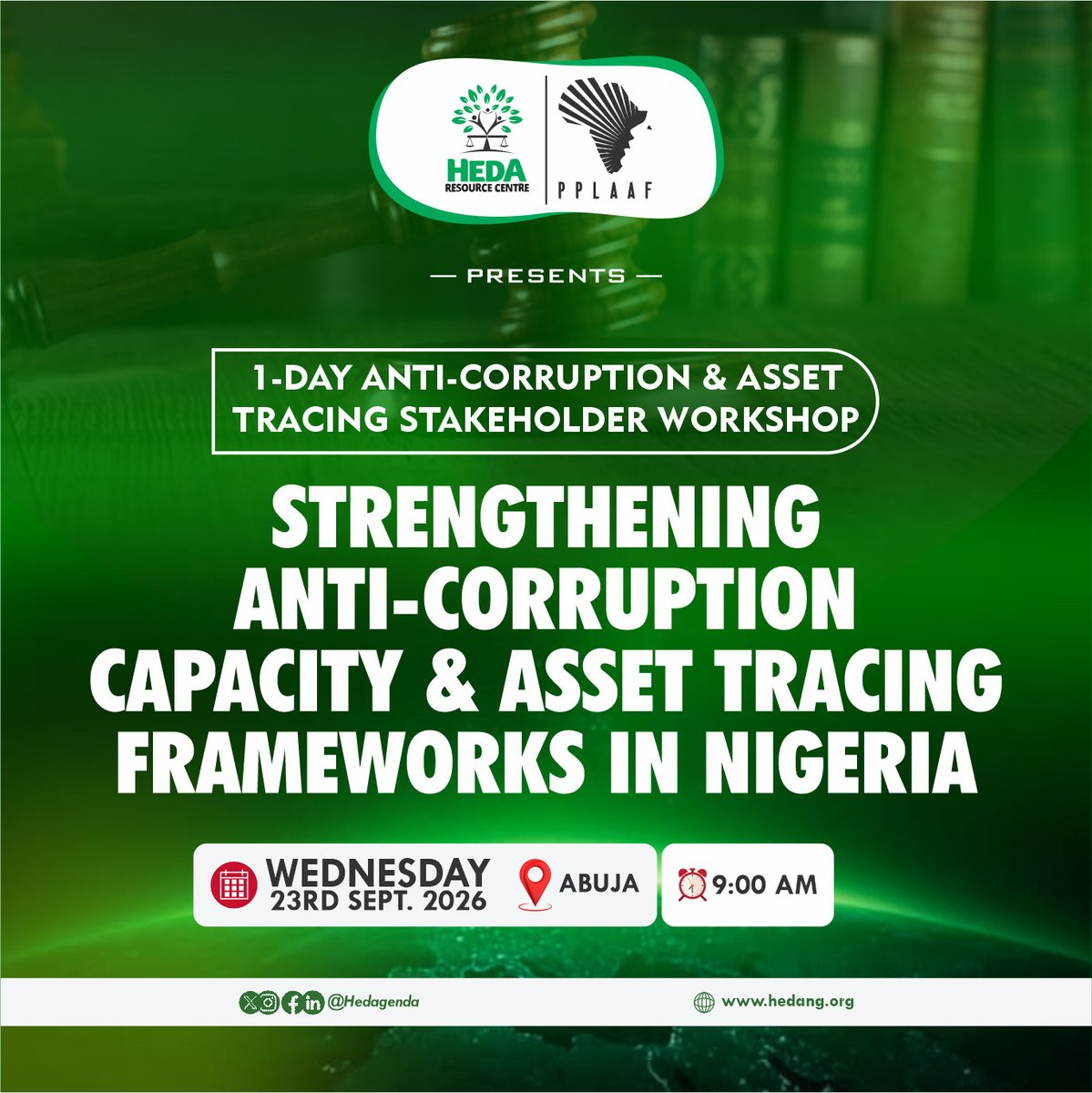 HEDAgenda's tweet photo. What makes it difficult to trace stolen assets once the money starts moving?

From shell companies and property deals to cross-border transactions, following the trail can get complicated.

Today, HEDA Resource Centre, in collaboration with PPLAAF, is bringing stakeholders together in Abuja for a practical conversation on Strengthening Anti-Corruption Capacity & Asset Tracing Frameworks in Nigeria.

The session will bring together people working across anti-corruption, financial intelligence, law enforcement, civil society, the media, and related fields to share ideas and experiences on how Nigeria can strengthen asset tracing and recovery efforts.
📅 Today, 23 September 2026
🕐 9:00 AM
📍 Abuja
💻 Can't make it to Abuja? Scan the QR code to join us virtually.