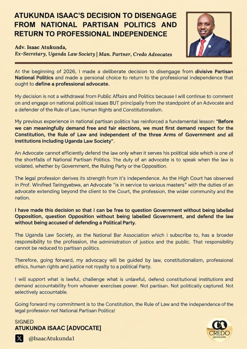 Atukundaisaac1's tweet photo. MY DECISION TO FULLY RETURN TO PROFESSIONAL INDEPENDENCE SO THAT I CAN BE FREE TO QUESTION THE GOVERNMENT, OPPOSITION AND BE ABLE TO DEFEND THE LAW WITHOUT BEING ACCUSED OF DEFENDING A POLITICAL PARTY INTERESTS. HERE WE GO! https://t.co/FXMsgLrNk6