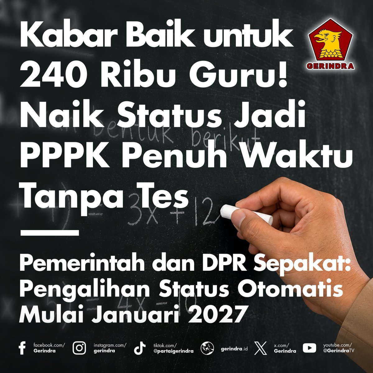 Gerindra's tweet photo. Kabar Baik Untuk Para Guru Indonesia! 🇮🇩

Sekitar 240.000 guru PPPK paruh waktu akan diangkat menjadi PPPK penuh waktu secara bertahap mulai 2027, keputusan ini juga disertai dukungan anggaran dari Pemerintah Pusat Rp 23 triliun untuk gaji dan tunjangan. https://t.co/Fum2Ygk1QY