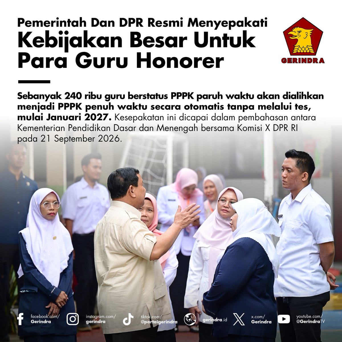 Gerindra's tweet photo. Kabar Baik Untuk Para Guru Indonesia! 🇮🇩

Sekitar 240.000 guru PPPK paruh waktu akan diangkat menjadi PPPK penuh waktu secara bertahap mulai 2027, keputusan ini juga disertai dukungan anggaran dari Pemerintah Pusat Rp 23 triliun untuk gaji dan tunjangan. https://t.co/Fum2Ygk1QY