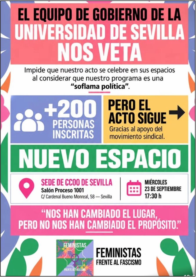Miguel__Lorente's tweet photo. Qué clase de formación académica da la Universidad de Sevilla en Ciencias Políticas, por ejemplo, cuando suspende un acto feminista frente al fascismo por considerarlo "soflama política"... https://t.co/byt3tZLMGE