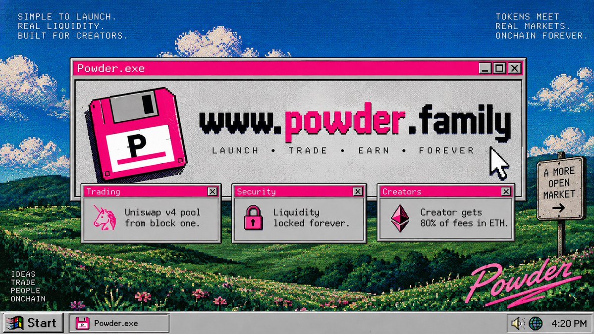 Powderdotfamily's tweet photo. insert disk

launch a coin on ethereum, it trades the same block on uniswap v4. no curve, no migration, nobody holding the liquidity keys

launch fee: 0
creator cut: 80% of fees in eth

https://t.co/wPY9CZFD3F https://t.co/hJoXjQASBW
