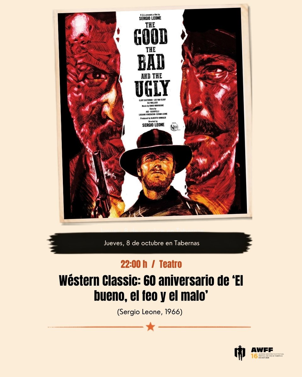 AWFF_Oficial's tweet photo. La Sección Wéstern Classic de AWFF 2026 reúne tres títulos imprescindibles para disfrutar del mejor cine en Tabernas:
🎞️ 'Billy y el hámster cowboy'
🎞️ 'El bueno, el feo y el malo'
🎞️ 'La caza'

#16AWFF #Tabernas https://t.co/vz3auKTNky