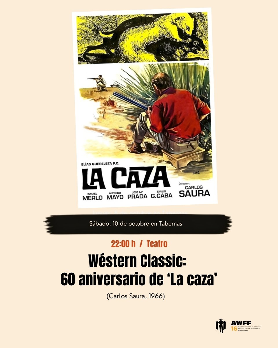 AWFF_Oficial's tweet photo. La Sección Wéstern Classic de AWFF 2026 reúne tres títulos imprescindibles para disfrutar del mejor cine en Tabernas:
🎞️ 'Billy y el hámster cowboy'
🎞️ 'El bueno, el feo y el malo'
🎞️ 'La caza'

#16AWFF #Tabernas https://t.co/vz3auKTNky