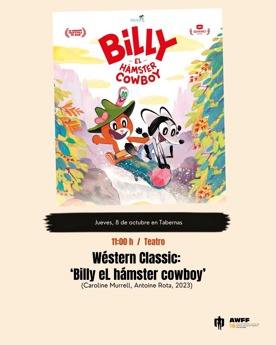 AWFF_Oficial's tweet photo. La Sección Wéstern Classic de AWFF 2026 reúne tres títulos imprescindibles para disfrutar del mejor cine en Tabernas:
🎞️ 'Billy y el hámster cowboy'
🎞️ 'El bueno, el feo y el malo'
🎞️ 'La caza'

#16AWFF #Tabernas https://t.co/vz3auKTNky