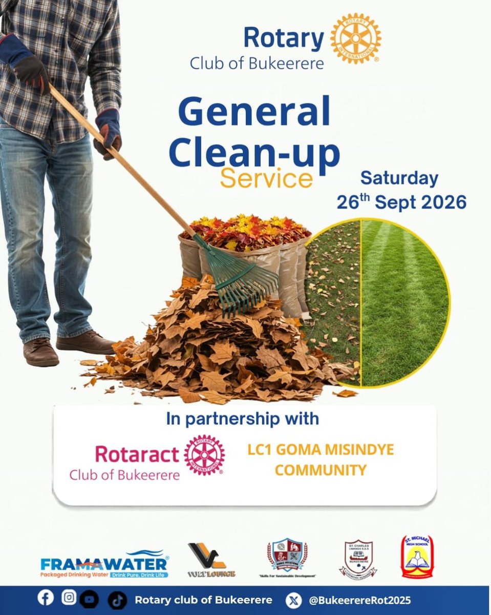 BukerereRot2025's tweet photo. This Saturday 26th September, 2026, @BukerereRot2025 will be engaged in a community cleelaning activity around areas of Misindye and Joggo. The General Clean-up activity is @UNSDG_6. Let's all be there. @Rotary @rotaryd9213 
#RotaryEyamba 
#ServiceAboveSelf https://t.co/wMq2sVLIa4