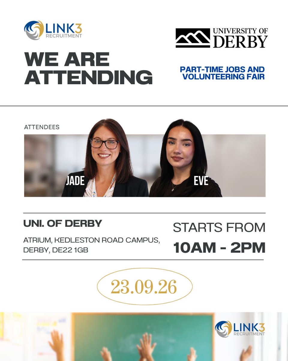 Link3Rec's tweet photo. We’re at the Uni of Derby today! Come say hi! 👋

We would love to chat and help you take the next step in your education career!

Jade &amp; Eve will be our attendees to assist you to:
✔️ Answer questions about educational roles
✔️ Support you in finding your perfect opportunity https://t.co/Md6ig37hqv