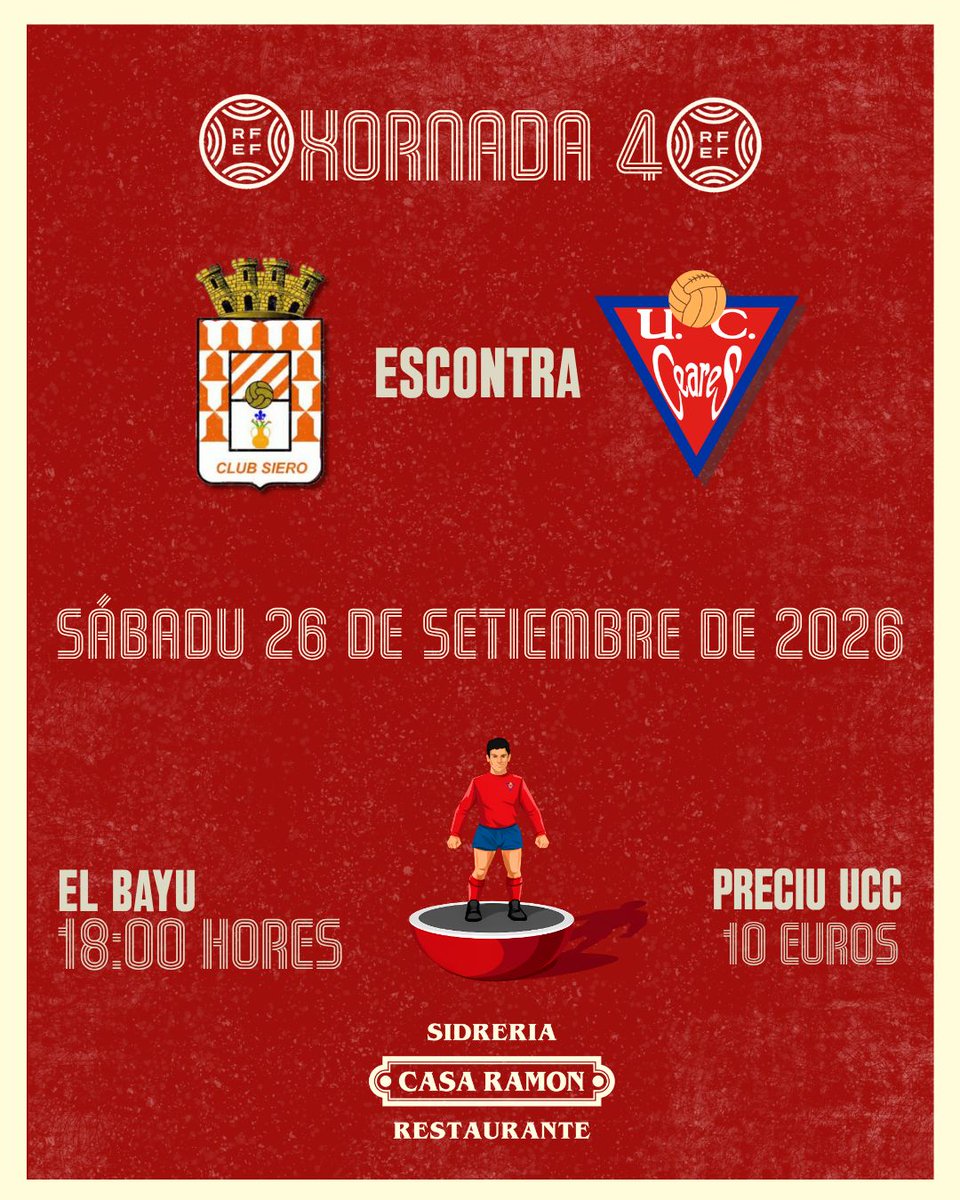 UCCeares's tweet photo. 🟥 𝟯ª 𝗥𝗙𝗘𝗙 | 𝗫𝗢𝗥𝗡𝗔𝗗𝗔 𝟰 

📅 Sábadu 26 de setiembre
🕔 18:00
🆚 Club Siero
🏟 El Bayu
🎫 10€ socios/es UCC

🔴🔵 #teyeros
🧣 #KeepTheFaith https://t.co/HS7RgL5NUG