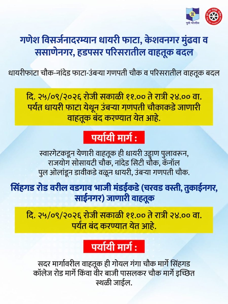 PuneCityPolice's tweet photo. गणेश विसर्जन मिरवणुकीच्या पार्श्वभूमीवर पुणे वाहतूक पोलिसांकडून धायरी फाटा, केशवनगर-मुंढवा आणि ससाणेनगर-हडपसर परिसरातील वाहतुकीत महत्त्वाचे बदल करण्यात आले आहेत.
प्रवासाला न���घण्यापूर्वी खालील रस्ते बदल व पर्यायी मार्गांची माहिती घ्यावी ही विनंती.
#PunePoliceUpdates https://t.co/7rSzAah2fI