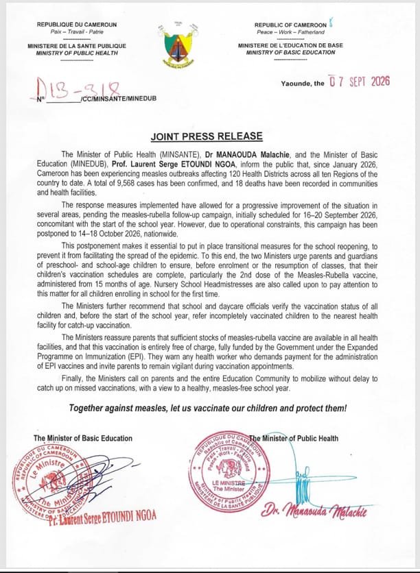 pevcameroun's tweet photo. Une campagne de suivie contre la rougeole et la rubéole sera organisée du 14 au 18 octobre 2026 sur toute l'étendue du territoire.
A follow-up campaign against measles and rubella will be organised from 14 to 18 October 2026 across the whole country.
#PEVCAMEROON https://t.co/nOa65190Cz
