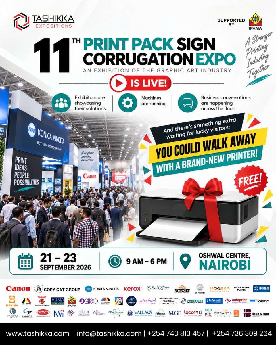 MiraMathew's tweet photo. 🚀The 11th Print Pack Sign Corrugation Expo IS LIVE!

Don't miss out on the ultimate exhibition for the graphic arts industry. Plus, you could walk away with a BRAND-NEW PRINTER—absolutely FREE! 🎁🖨️

#GlobalBusiness #BusinessJourney #Entrepreneurship #Tanzania #AfricaBusiness https://t.co/rXeWSySl5M