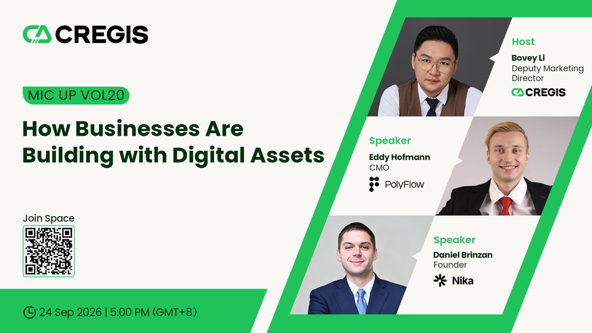 0xCregis's tweet photo. 🎙️ Cregis MicUp Vol. 20: How Businesses Are Building with Digital Assets

🗓️ September 24, 2026 | 5:00 PM GMT+8 | Live X Space

🔗 Set your reminder: https://t.co/BGjTOp0VrP

Businesses are finding practical uses for digital assets across payments, cross-border settlement, treasury operations and new financial products. For many startups and SMEs, the starting point is a specific commercial need: serving customers in new markets, improving the movement of funds or building a service that traditional infrastructure cannot support efficiently.

Turning that initial use case into a working business is more complicated. Companies must connect payments, compliance, infrastructure and daily operations while deciding what to build internally, which providers to work with and how much capability they need from the beginning.

Join Cregis for a practical discussion on what businesses are building today, how they bring digital asset products and services to market, and what founders and operators should consider before committing time and resources.

🎤 Meet Our Expert Panel:
Eddy Hofmann (@EBerlindao)-CMO @Polyflow_PayFi 
Daniel Brinzan- Founder  @Nika_Finance

🎙️ Moderated by Bovey Li, Deputy Marketing Director at Cregis

📋 What We’ll Explore:

🔸 What Businesses Are Building
The digital asset use cases gaining traction among startups and SMEs, and the commercial needs driving them.

🔸 Getting from an Idea to Launch
The capabilities, partnerships and early decisions needed to turn a use case into a working service.

🔸 Making the Business Work in Practice
The operational challenges that emerge after launch and the support businesses need as they grow.

🔸 Mistakes and Lessons from the Field
Common assumptions that lead to unnecessary cost, delays or risk, and what other companies can learn from them.

Why This Matters:
Digital asset adoption is increasingly shaped by businesses solving practical problems. A promising use case still needs the right operating model, partners and controls to become a service that customers can rely on.

This session will help founders and operators understand what it takes to move from an initial idea to daily operations, identify decisions that may become difficult to reverse, and learn from companies already supporting digital asset businesses in the market.

📌 Join us 5 minutes early to secure your spot!

#DigitalAssets #StablecoinPayments #Fintech #Startups #SMEs #BlockchainInfrastructure #DigitalPayments #CregisMicUp