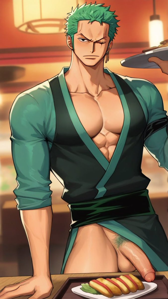 Darooq3's tweet photo. He was supposed to serve food. 🌭🌭

#Zoro #RoronoaZoro #OnePiece #NSFW #AIart #R18 #yaoi https://t.co/iSUbTnqRA6