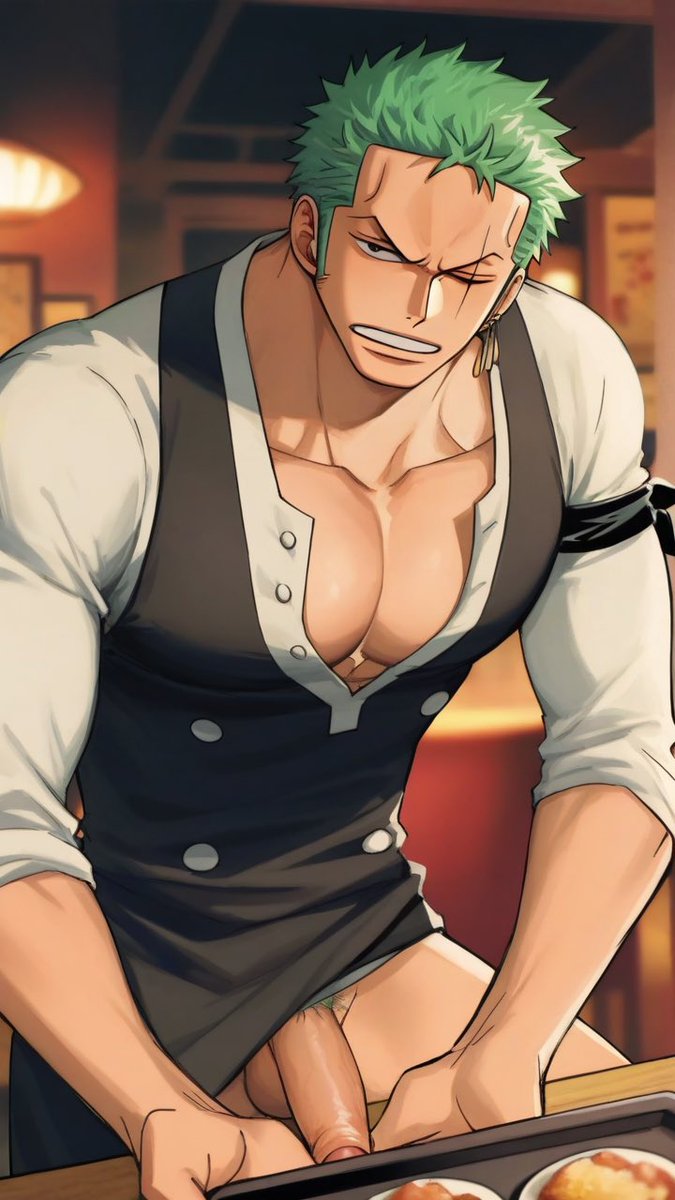 Darooq3's tweet photo. He was supposed to serve food. 🌭🌭

#Zoro #RoronoaZoro #OnePiece #NSFW #AIart #R18 #yaoi https://t.co/iSUbTnqRA6