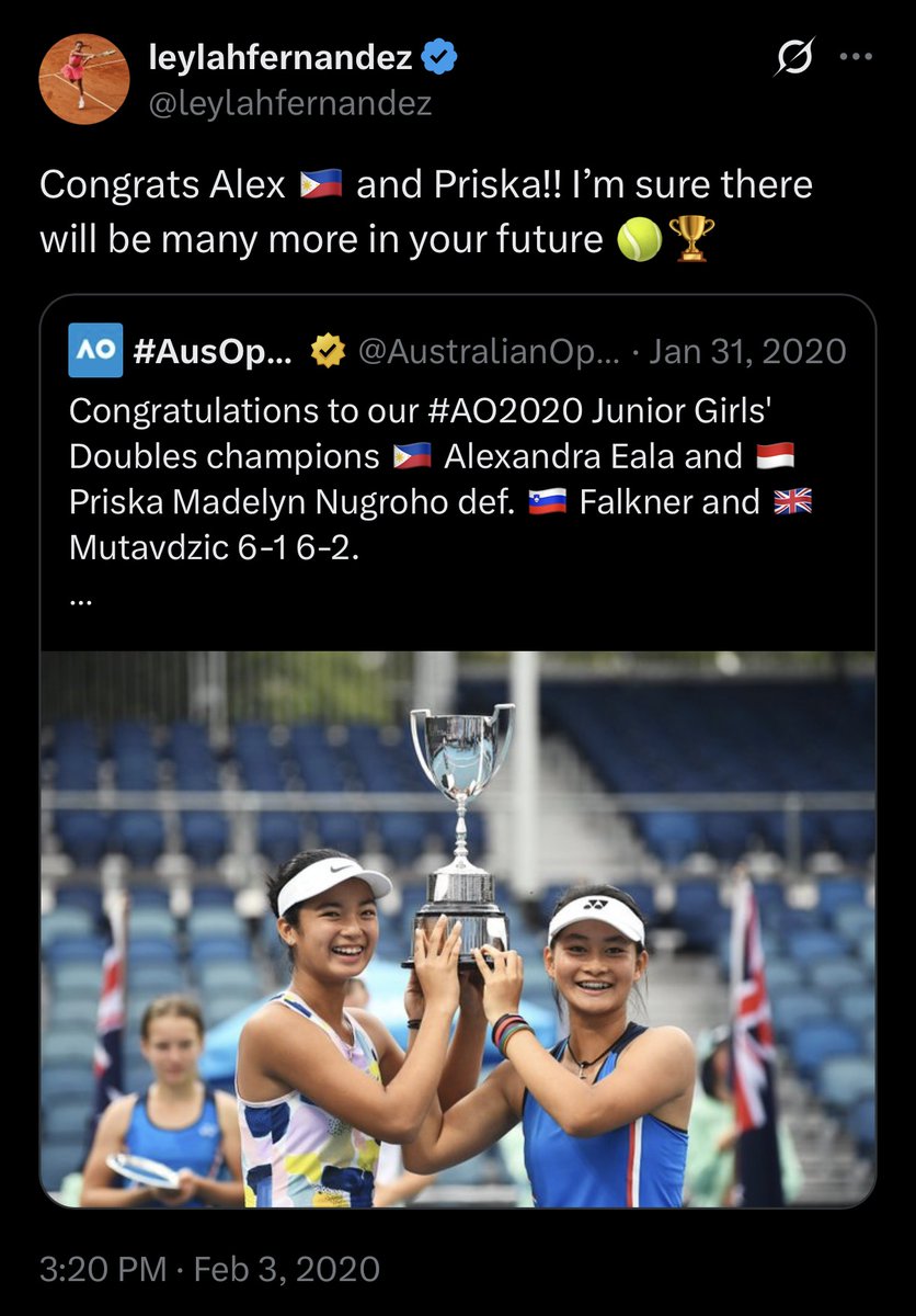 leylah_fanpage's tweet photo. Here on X, formerly Twitter, in the year 2020, Leylah congratulates Alex Eala for winning doubles! See we told you ❤️🇵🇭 @EalaAlexandra @AlexEala05 
__
Vamos. Allez. Laban. Leylah Fernandez  Singapore Open #sgtennisopen https://t.co/19Lut7jxCz