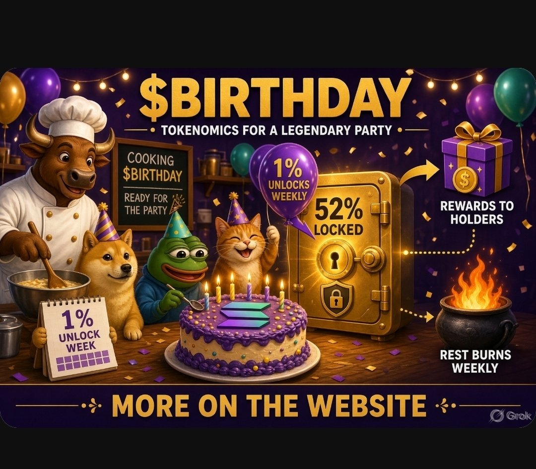 brnnoiz06's tweet photo. $BIRTHDAY 🎂🎈

🎈52% locked. 
 
🎈1% unlocks every week to BIRTHDAY HOLDERS  .

🎈The rest burns.

🎈Simple. Website next.

Cooking. Ready for the party. 🎈🥳

@cryptokingpin22 
DYOR✊️ https://t.co/pMUqdCKrR4