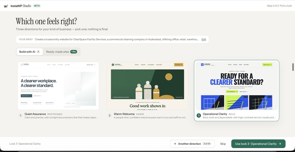 vikasprogrammer's tweet photo. InstaWP Studio (screenshots) 

- Choose a design direction
- Generate page/website 
- Edit as human/agent.
- Publish https://t.co/gWaQnvG5Rm
