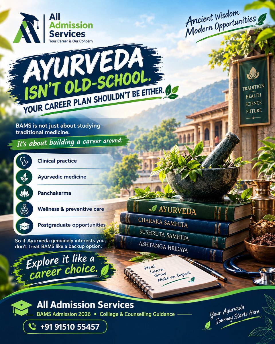AdmissionAll's tweet photo. BAMS is more than just a traditional medicine degree.

If Ayurveda interests you, explore the course, colleges, counselling process, and career pathways before making your decision. 
All Admission Services
BAMS Admission 2026 Guidance
#BAMS
#Ayurveda #BAMSAdmission2026 https://t.co/iMbqhAR4qj