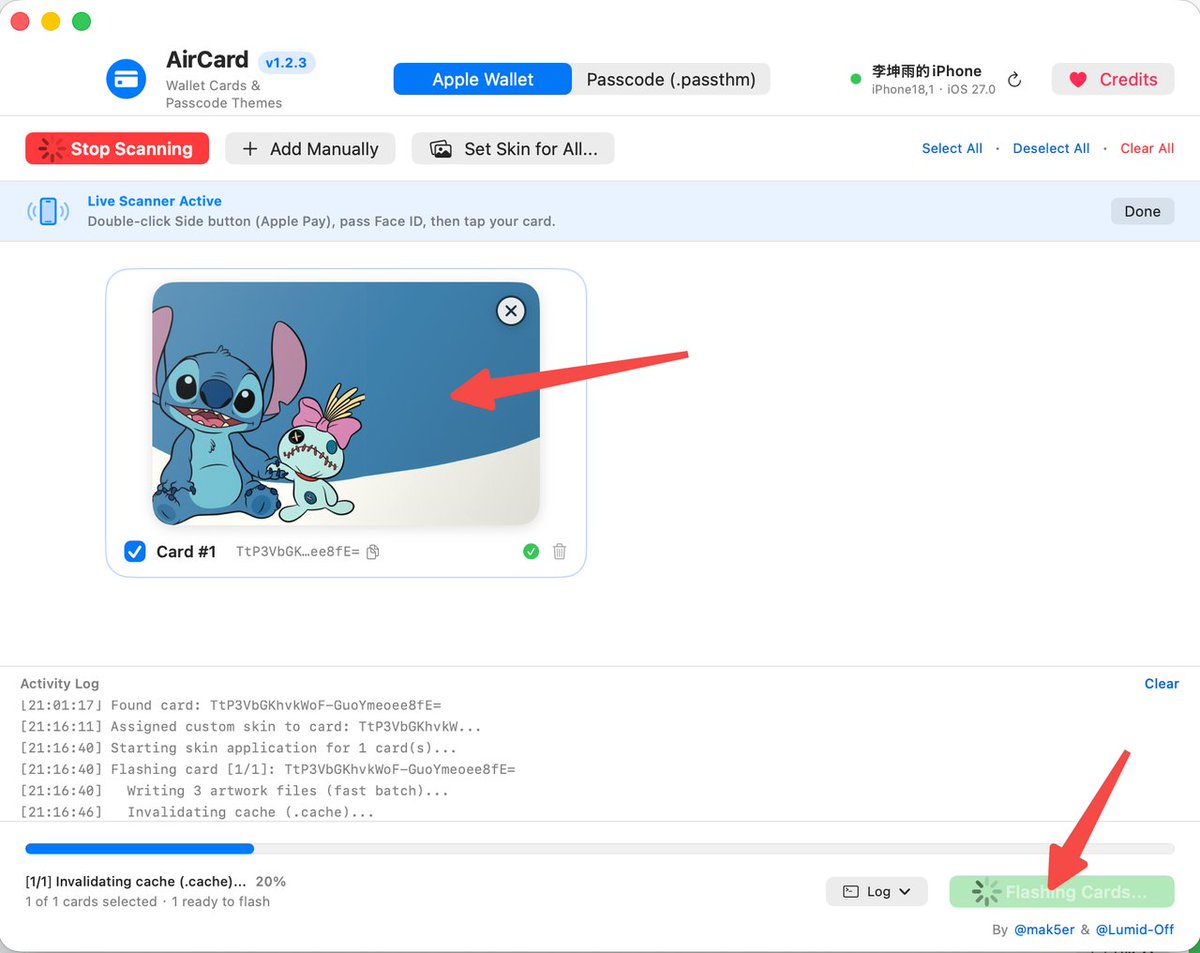 ayunpro's tweet photo. Apple钱包终于能换卡面了！卡片皮肤自由
最近有一款开源工具 AirCard，可以给 Apple Pay / Wallet 里的卡片换上自定义图片，

操作也不复杂：Mac 安装 AirCard 后，用 USB 连接 iPhone，扫描钱包卡片，把喜欢的图片拖进去，再点击 Flash Skins。
关闭钱包后台重新打开，就能看到新卡面。 https://t.co/ccCl38QwUF