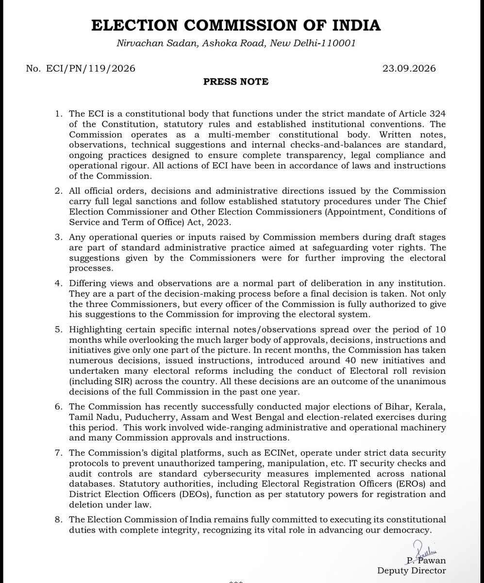 Vasudha156's tweet photo. “Differing views and observations are a normal part of deliberation in any institution.
They are a part of the decision-making process before a final decision is taken. Not only
the three Commissioners, but every officer of the Commission is fully authorized to give
his suggestions to the Commission for improving the electoral system” 

ECI statement on the Indian Express story today