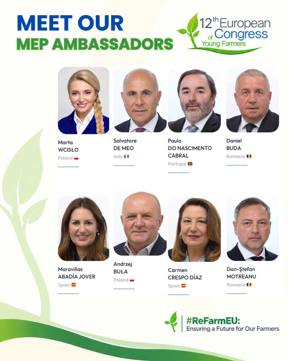 EUYoungFarmers's tweet photo. Meet our MEP ambassadors for the 12th European Congress of Young Farmers 🇪🇺
#EUYoungFarmers #ReFarmEU
@AsajaNacional @agrinaopara @EPPGroup https://t.co/b1dCLOE63l
