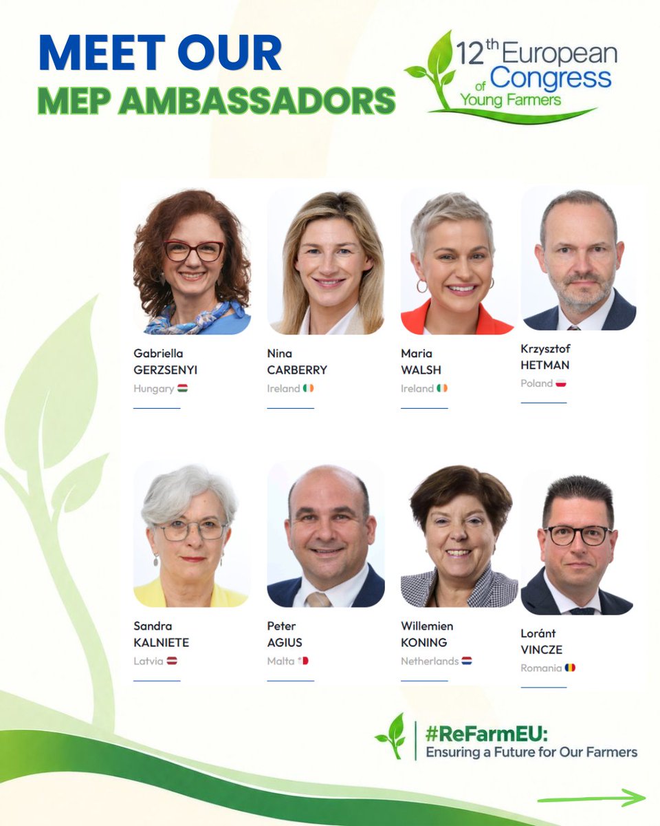 EUYoungFarmers's tweet photo. Meet our MEP ambassadors for the 12th European Congress of Young Farmers 🇪🇺
#EUYoungFarmers #ReFarmEU
@AsajaNacional @agrinaopara @EPPGroup https://t.co/b1dCLOE63l