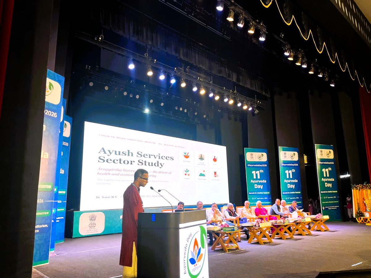 RIS_NewDelhi's tweet photo. 🌿 𝐋𝐚𝐮𝐧𝐜𝐡 𝐨𝐟 𝐭𝐡𝐞 𝐀𝐲𝐮𝐬𝐡 𝐒𝐞𝐫𝐯𝐢𝐜𝐞𝐬 𝐒𝐞𝐜𝐭𝐨𝐫 𝐑𝐞𝐩𝐨𝐫𝐭 | 𝐀𝐲𝐮𝐫𝐯𝐞𝐝𝐚 𝐃𝐚𝐲 𝟐𝟎𝟐𝟔

Dr. Sarin N.S. (@SarinNS1), Coordinator, @fitm14 at @RIS_NewDelhi made a presentation on the Ayush Services Sector Report, highlighting its key findings and recommendations.

He presented the background and rationale of the study, its analytical framework, key findings and recommendations, providing an overview of India’s growing Ayush services economy. 📊🇮🇳

@MEAIndia | @mpprataprao | @vaidyakotecha | @secymoayush | @SKSharma_World | @MoHFW_INDIA | @CCRAS_MoAyush | @CentralUnani | @ccrschennai | @ccrhindia | @mdniy | @DirectorCcryn | @nmpb1 | @AIIA_NDelhi | @ItraJamnagar | @nischennai | @BRPrasher | @IGIBSocial | @rajivvasudevan | @cgpdtm_india | @aiims_newdelhi | @SDLINDIA | @JivaAyurveda | @cmec_ris | @DakshinNews | @AIC_aseanindia | @fisd19 | @FIDC_NewDelhi

#AyurvedaDay #Ayush #FITM #RIS