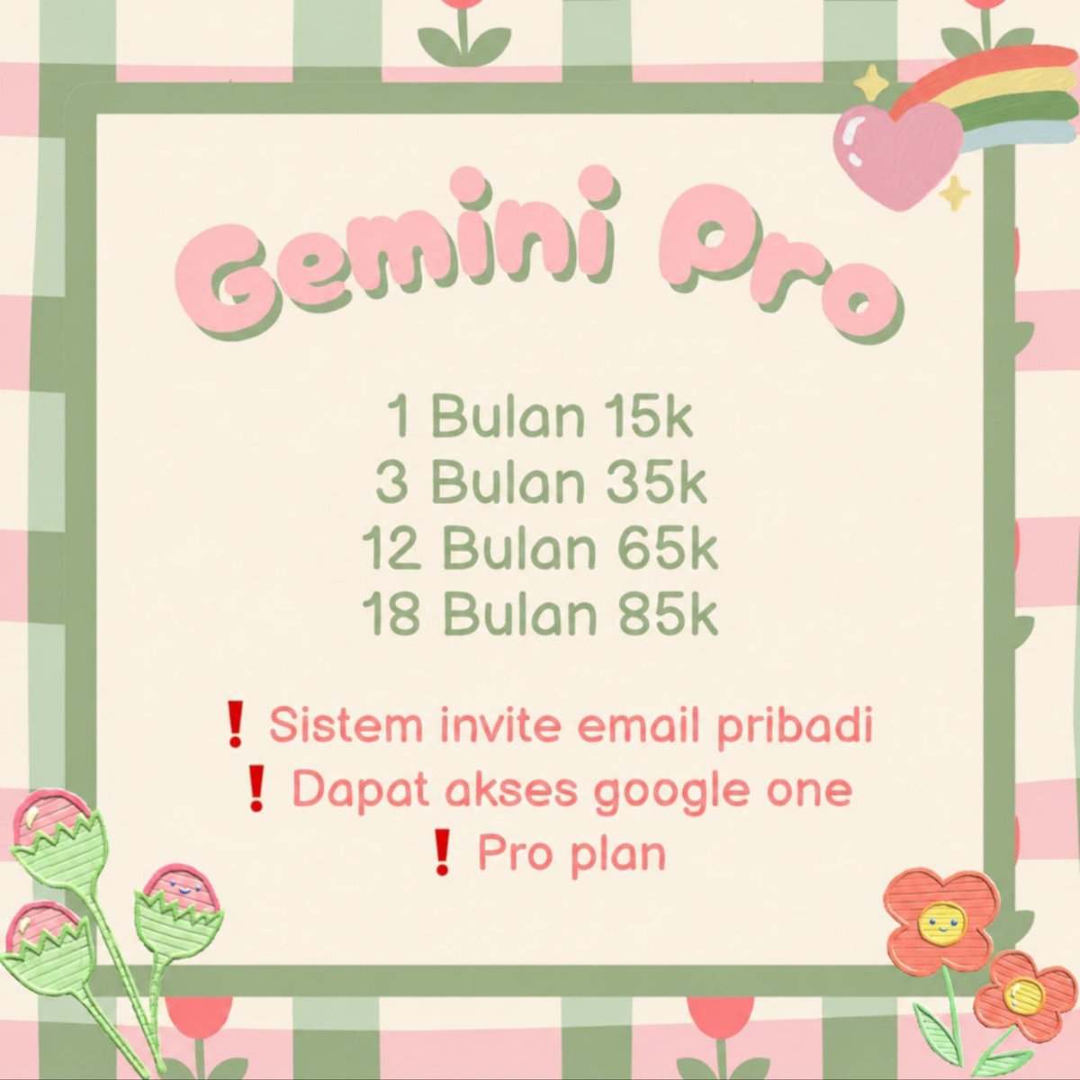 rainoirx's tweet photo. @strawbypie haii kak! aku lagi ada promo gemini ai pro 18 bulan cuma 75k aja free viu lifetime🥰 https://t.co/WdWKw1kBty