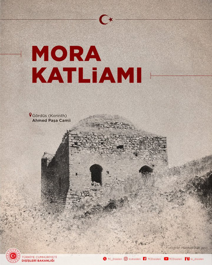 ConflictTR's tweet photo. Dışişleri Bakanlığı:

1821-1830 yılları arasında Mora Yarımadasında Müslüman Türk ahali sistematik olarak katledilmiştir.   

Bu imha politikasına, ibadet yerlerinden medreselere, mezarlıklardan diğer kültürel miras unsurlarına kadar uzanan planlı bir yıkım ve tahribat da eşlik etmiştir.   

Tripoliçe katliamının 205. yıldönümünde, acımasızca katledilen Müslüman Türk sivil halkı rahmetle anıyoruz.