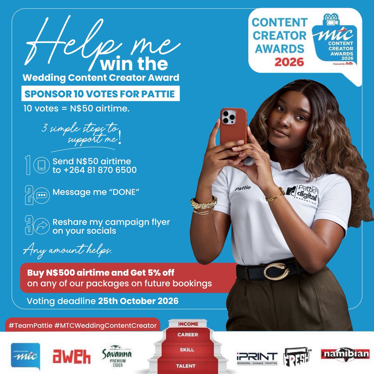 _pattie98's tweet photo. I’m incredibly excited to be nominated for the @mtcnamccawards Wedding Content Creator of the Year! 🥹🤍

Please help me win this one by sending me airtime so i can vote for myself ❤️ https://t.co/rQpaMSQGbm