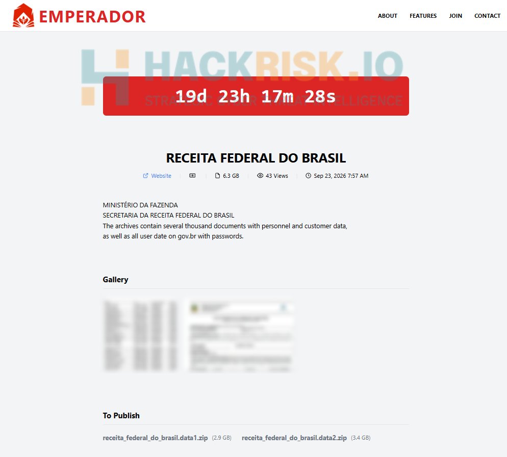 H4ckmanac's tweet photo. 🚨Cyber Alert ‼️

🇧🇷Brazil - 𝗥𝗲𝗰𝗲𝗶𝘁𝗮 𝗙𝗲𝗱𝗲𝗿𝗮𝗹 𝗱𝗼 𝗕𝗿𝗮𝘀𝗶𝗹

EMPERADOR hacking group claims to have breached Receita Federal do Brasil (RFB), part of Brazil’s Ministry of Finance. According to the post, the group claims to have obtained 6.3 GB of data contained in two archives, allegedly including several thousand documents with personnel and taxpayer-related information, gov[.]br user data and passwords. 

Published screenshots appear to show names, Brazilian CPF identifiers, dates of birth, passwords, and taxpayer-registration documents containing corporate and personal information.

Threat actor: EMPERADOR
Sector: Gov / Mil / LE
Data exposure (claimed): 6.3 GB of data
Data type: Personnel data, taxpayer records, gov[.]br user data, passwords, names, CPF identifiers, dates of birth, corporate information, personal information
Observed: Sep 23, 2026
Status: Pending verification
ESIX©: 6.15

Full details and impact assessment on https://t.co/eB7qgxKFAa