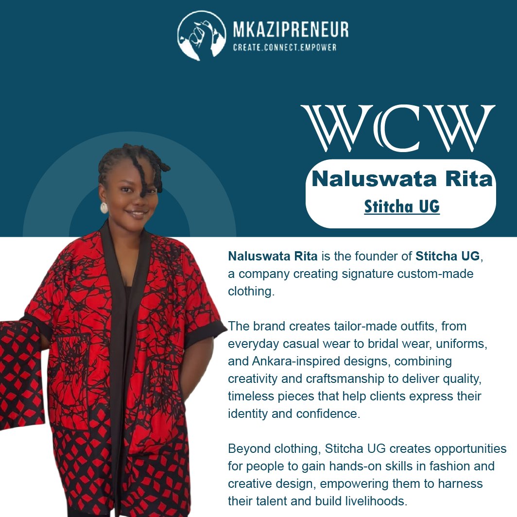 mkazipreneur's tweet photo. This week’s #WCW, @BosschicSasha of Stitcha UG, is transforming creativity into quality outfits and opportunities for hands-on skills, stitching together style, empowerment and impact. ✨

Visit the flyer below to support her today! 

#WCW #WomenInBusiness #FashionAndDesign https://t.co/wiv5dgnZhY