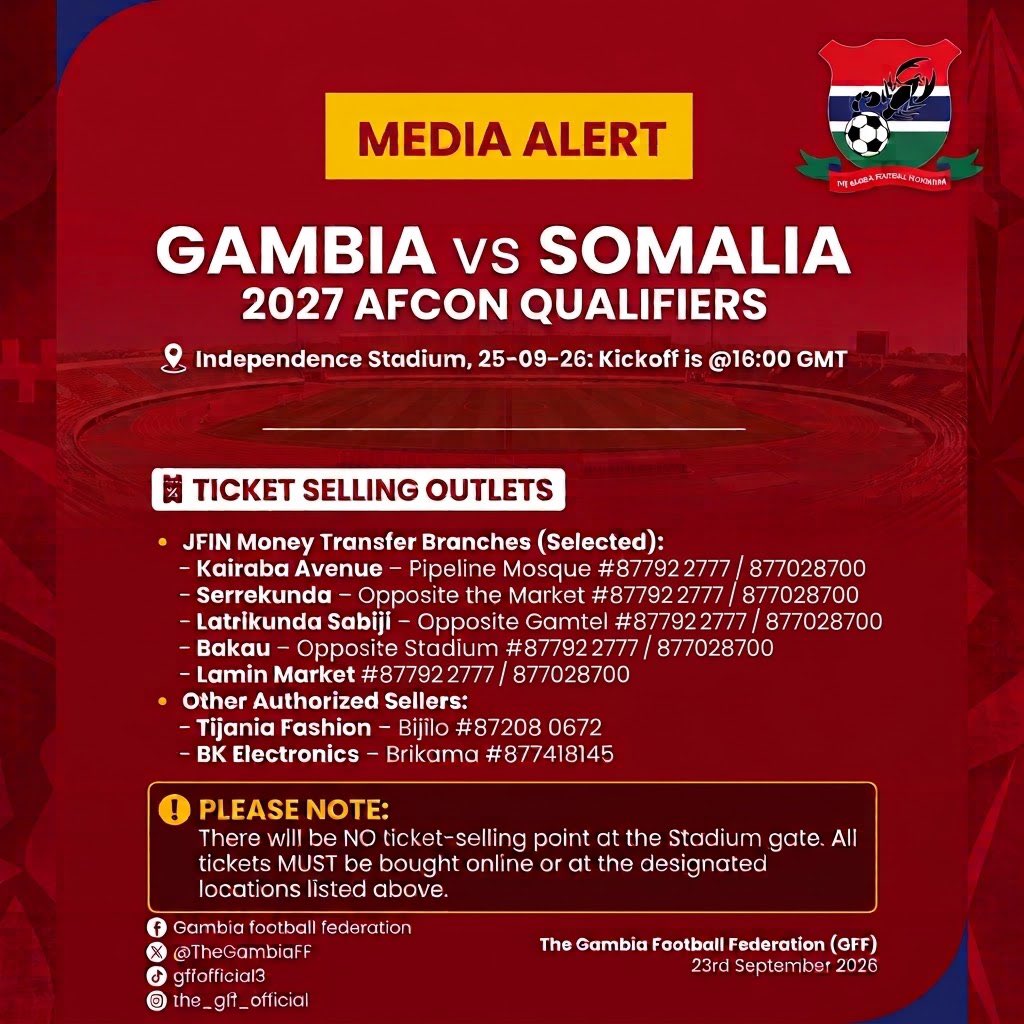 TheGambiaFF's tweet photo. MEDIA ALERT | TICKET SALES NOW OPEN! 
The Scorpions are set to take on Somalia in the 2027 AFCON Qualifiers! Get your tickets early and rally behind the team at the Independence Stadium. https://t.co/9chYI993Ly