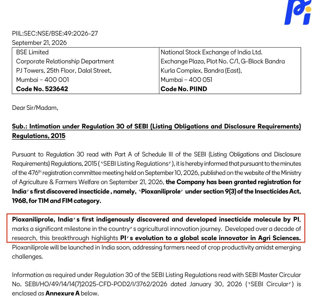 EquityInsightss's tweet photo. Interesting development from PI Industries!

PI has developed India's first indigenously discovered insecticide after more than a decade of R&D.

Discovering a new molecule typically takes 10-12 years, requires around $300 Mn of investment & has a success rate of just 1 in 100,000 molecules tested.

- PI has spent over a decade building its R&D capabilities, with 700+ scientists, 250 PhDs & investments of several thousand Cr.

- The new insecticide targets a domestic market opportunity of 3,000-4,000 Cr across crops such as chillies, rice, corn etc

- The global market opportunity is estimated at $750-800 Mn. PI is targeting 10-15% market share over time, with plans to enter the US, Brazil and select Asian markets.