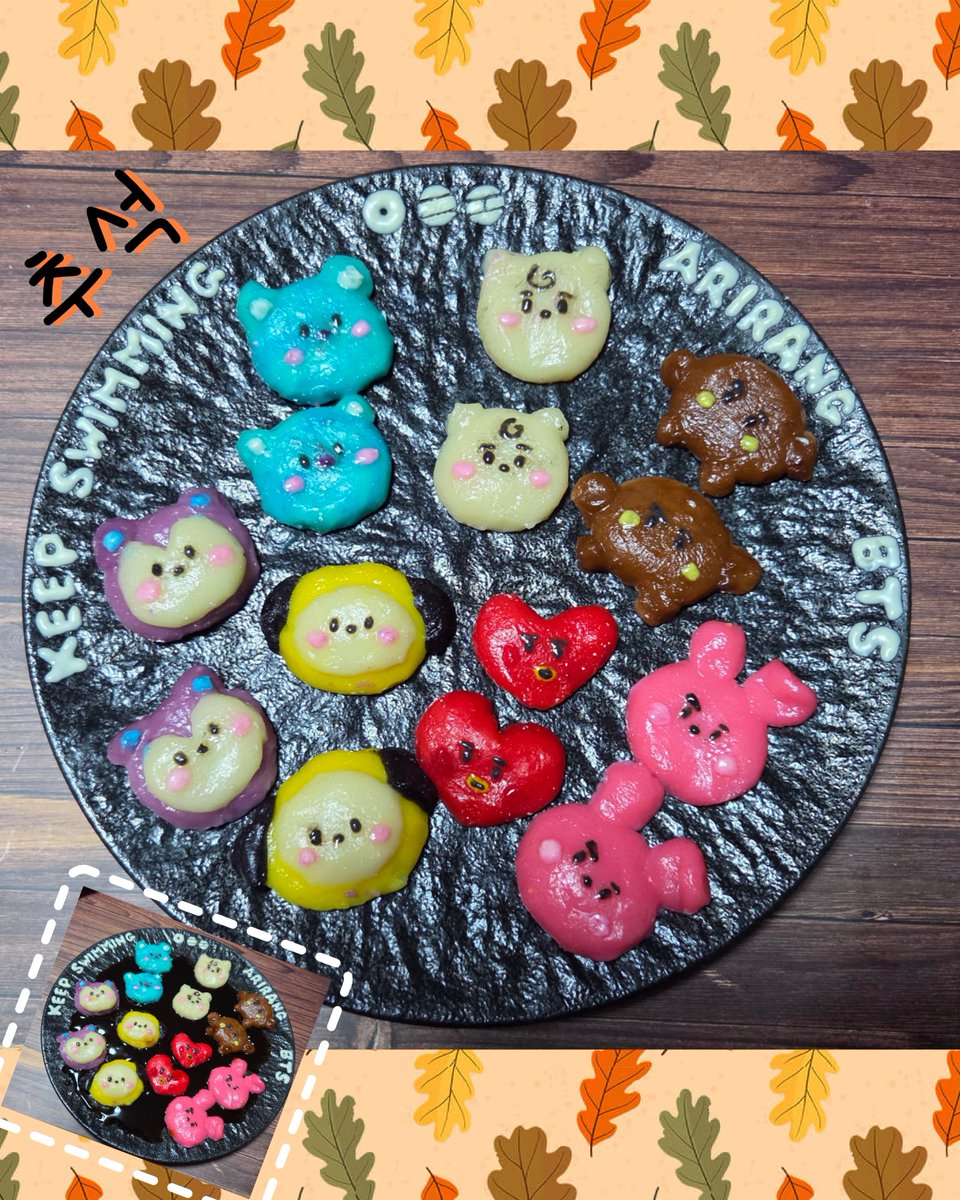 hrm_9211248's tweet photo. # 추석　#秋夕　#BT21 
#ARIRANG 

韓国は秋夕
ソンピョンにちなんでお団子作成😊
BT21団子にしてみた🍡
水分多めにしてしまって団子が
柔らかくて扱い大変だったけど
なんとか完成😅疲れた😵💨

最後はタレ作ってかけて
みたらし団子に…

秋夕メンバーみんなゆっくり過ごせるといいな😊💕 https://t.co/Pq96vIyVIL