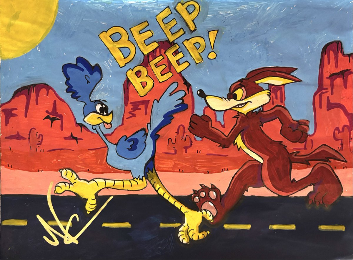 nomx2chomp's tweet photo. Had to do traditional art with triadic colors for a college art class, so I made an executive decision 🌝
(Could’ve done better but I still like it, I might remake it as a digital drawing later)

#roadrage #wileroad #wilerunner #coyotevsacme #wilecoyote #coyote #roadrunner https://t.co/LhqKt8GZ0k