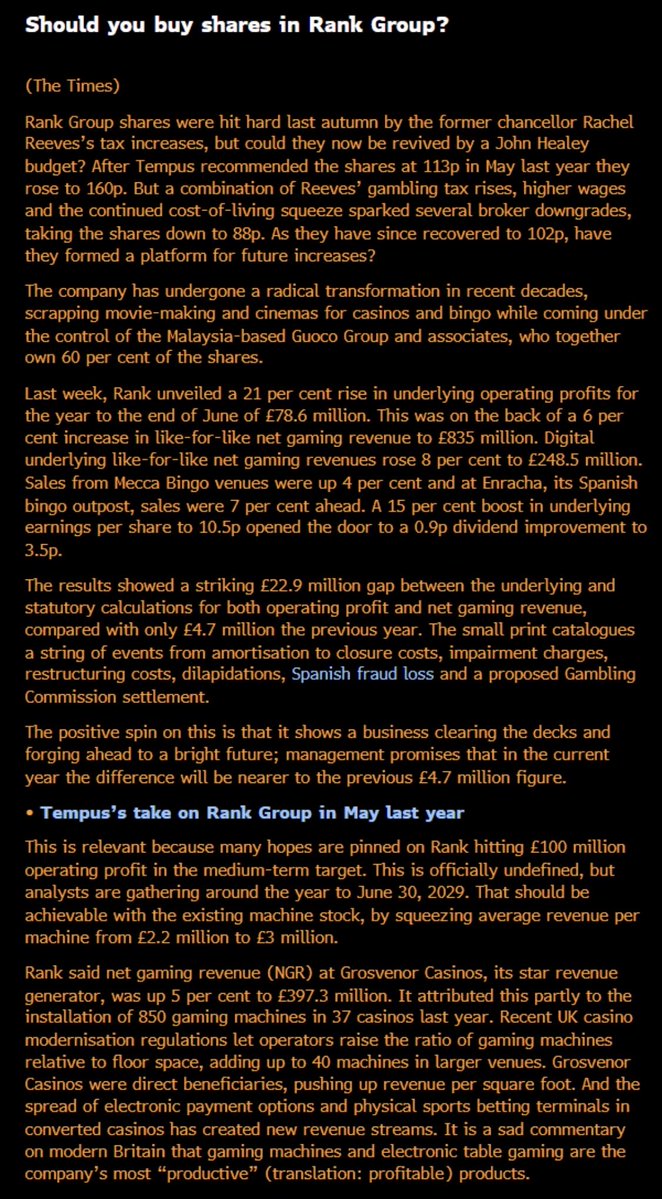 HorseInvestor's tweet photo. ⚠️ #RANK Positive to see #RNK receiving a BUY recommendation in The Times (attached)
#BOOT #FNX #KGF #LUCE
#MAB1 #MIDW #OXB #PRV
#SAA #SMIN #STEM #TIDE
#TMG #TRT #YU https://t.co/hdHP5DlACy