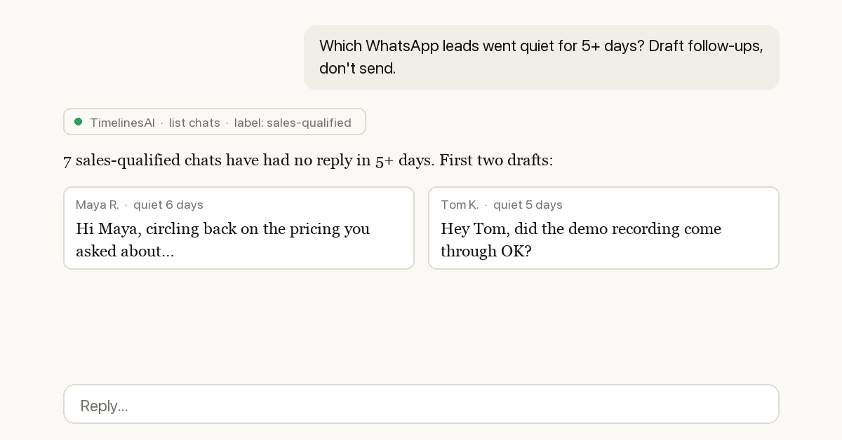 ITentser's tweet photo. We shipped a WhatsApp MCP server.

One command in Claude Code, sign in with OAuth, then just ask:
"which leads went quiet for 5+ days? draft follow-ups, don't send."

18 tools. MIT licensed. No API keys to manage.
Works in Cursor and Codex too.