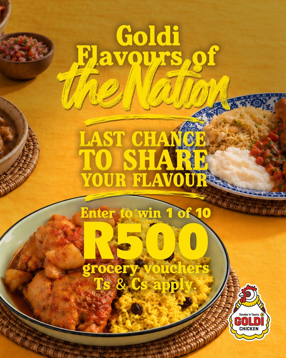 goldichicken's tweet photo. Mzansi, this is your last chance to get your family’s flavour in.

Comment how #GoldiChicken is part of your family’s heritage meals to enter.

10 winners will each take home a R500 grocery voucher.
Entries close 30 September at 23:59.

T&amp;Cs apply.

#GoldiFlavoursOfTheNation https://t.co/UGL6YFeyt8