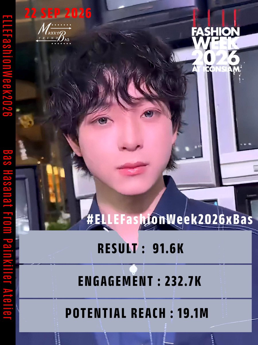 MaxkyBasTrend's tweet photo. 📊 SUMMARY  
🗓️ 22 SEP 26

#️⃣ #ELLEFashionWeek2026xBas
Result 91.6K
Engagement 232.7K
Potential Reach 19.1M

#ELLEFashionWeek2026
#บาสเด็กอ้วนที่แท้จริง https://t.co/0fkKZpq5O1
