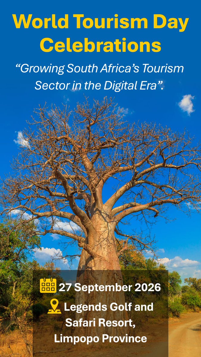 Tourism_gov_za's tweet photo. [MEDIA ALERT] South Africa to commemorate #WorldTourismDay2026 in Limpopo

🔗 https://t.co/veWFEl7N9M 

#TourismMonth2026 | #WTD2026  | #DigitalTourismSA | #ShareSouthAfrica | #WeDoTourism | #GoLimpopo | #VisitLimpopo | @golimpopo https://t.co/F1FYvmIQ0h