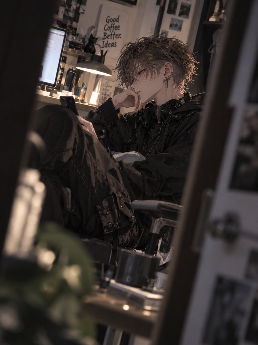 reverse_pudding's tweet photo. こちらのプロンプトお借りしました🐱✨

朔玖単体と、眼鏡！眼鏡かけて欲しい！！と欲望で、2枚目
2枚目は黒猫くろちゃんに見つかってるのがまたよし…！！ https://t.co/gz3juWrfJ7