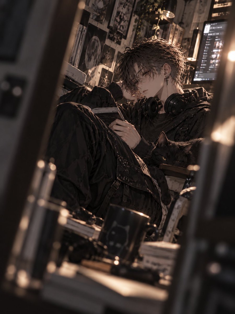 reverse_pudding's tweet photo. こちらのプロンプトお借りしました🐱✨

朔玖単体と、眼鏡！眼鏡かけて欲しい！！と欲望で、2枚目
2枚目は黒猫くろちゃんに見つかってるのがまたよし…！！ https://t.co/gz3juWrfJ7