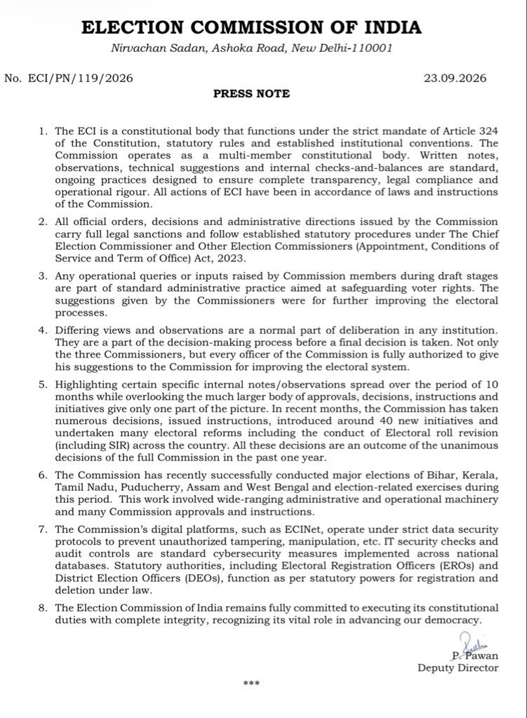 nabilajamal_'s tweet photo. #BREAKING 

EC RESPONDS TO ‘INTERNAL DISSENT’ REPORT

Election Commission pushes back after The Indian Express reported that ECs Sukhbir Singh Sandhu and Vivek Joshi raised concerns 14 times in 10 months over decisions linked to voter rolls

EC says differences or suggestions while decisions are being drafted are part of routine institutional deliberations and do not mean the Commission is divided

It stresses that all final decisions taken by the three-member Commission over the past year, including nearly 40 initiatives and electoral reforms, were unanimous

In short: there may have been differences during deliberations, but no dissent in the final decisions