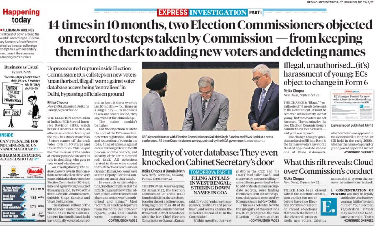 nabilajamal_'s tweet photo. #BREAKING 

EC RESPONDS TO ‘INTERNAL DISSENT’ REPORT

Election Commission pushes back after The Indian Express reported that ECs Sukhbir Singh Sandhu and Vivek Joshi raised concerns 14 times in 10 months over decisions linked to voter rolls

EC says differences or suggestions while decisions are being drafted are part of routine institutional deliberations and do not mean the Commission is divided

It stresses that all final decisions taken by the three-member Commission over the past year, including nearly 40 initiatives and electoral reforms, were unanimous

In short: there may have been differences during deliberations, but no dissent in the final decisions